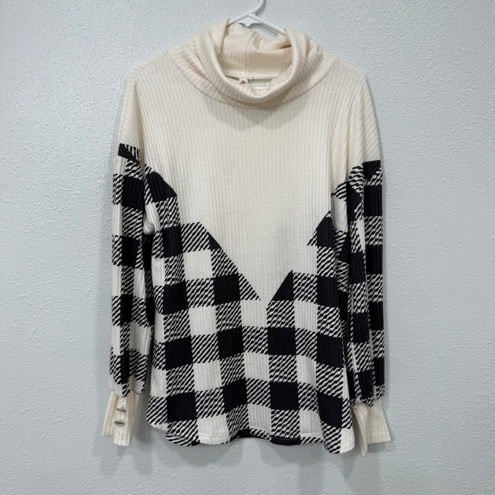 Cocoa Core Cream Buffalo Plaid Turtleneck Sweater Size M Long Sleeve